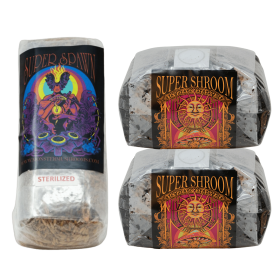 Mushroom Grain & Substrate Bundle from Monster Mushroom Company featuring sterilized grain and mixed substrate.