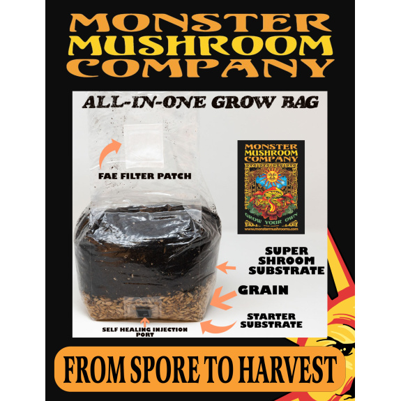 Monster Mushrooms All-in-One Mushroom Grow Bag with FAE Filter Patch, Super Shroom Substrate, Grain, and Starter Substrate.