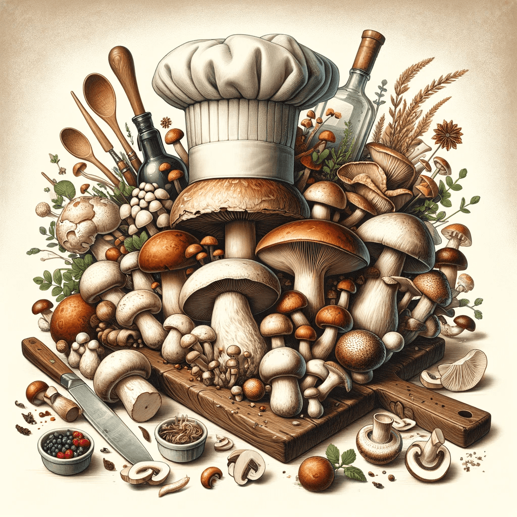 Types of Edible Mushrooms on cutting board with chefs hat